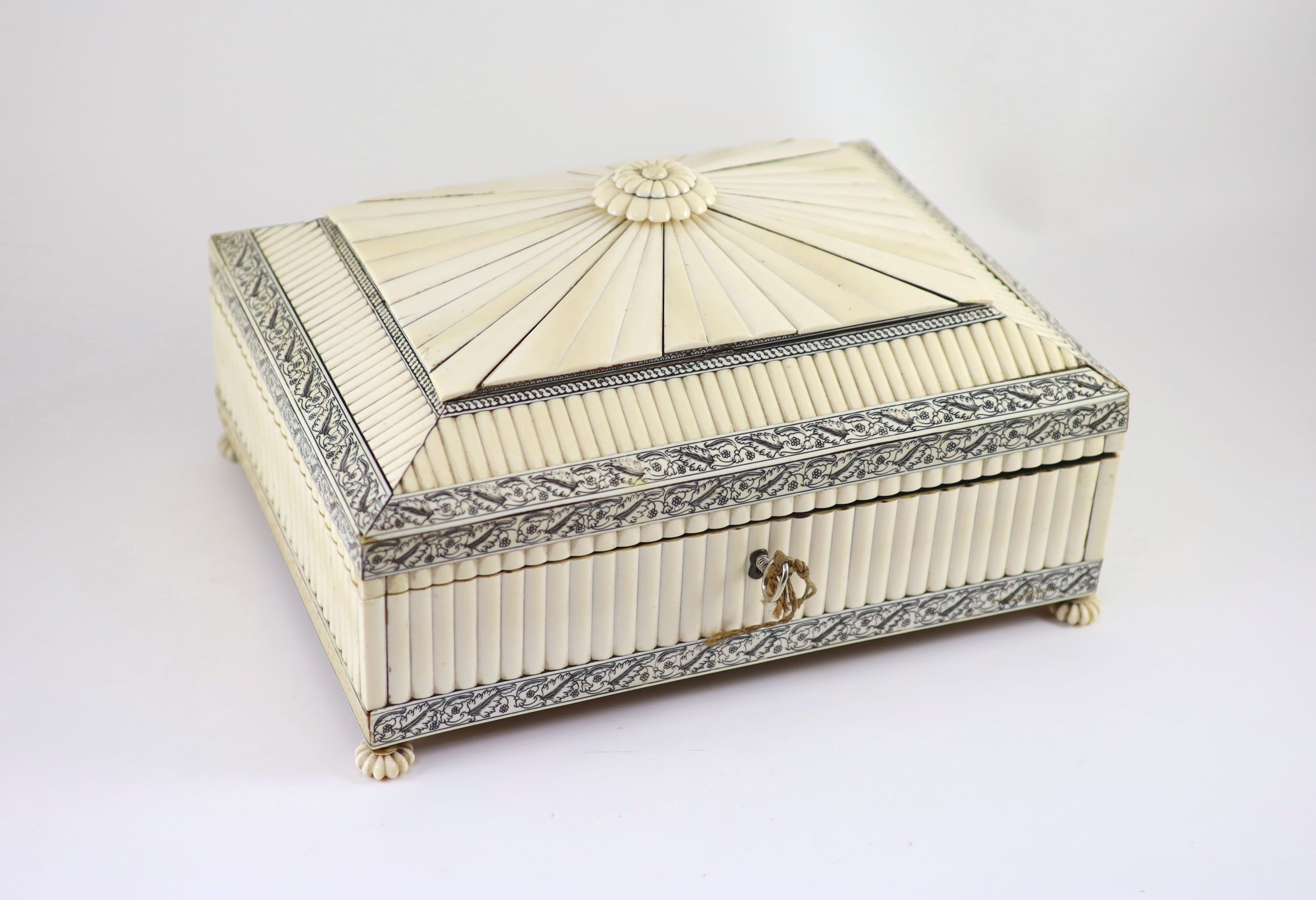 A Vizagatapatam ivory sewing casket, second quarter 19th century, width 35cm depth 28cm height 18cm